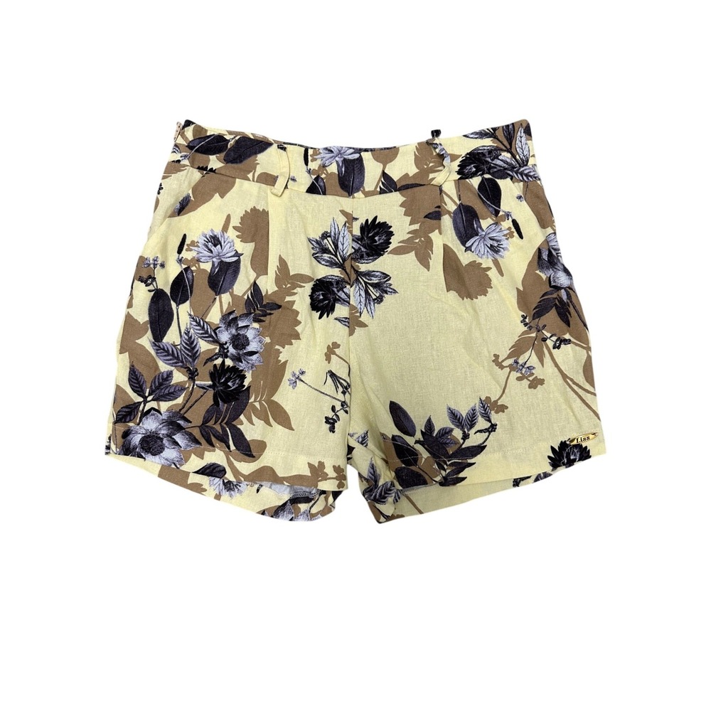 Liss Womens Yellow Floral High Waisted Shorts Pleated Front Made in Brazil